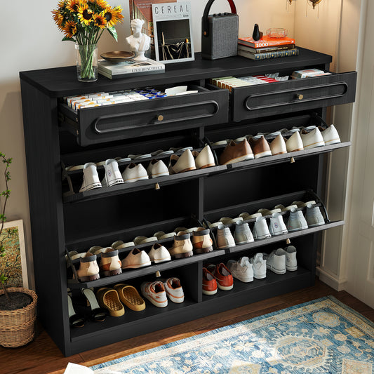 Wooden Shoe Cabinet with 4 Flip Drawers,Shoes Rack Cabinet with 2 Storage Drawers,Classified Storage and Farmhouse Style, Black SolidRoot Buy Furniture USA