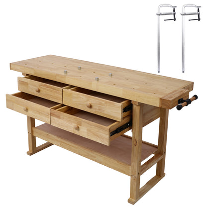 60in Workbench with 4 Drawers Wooden Workbench for Garage Workshop and Home, with Bar Clamps Set 20 inch x 4-3/4 inch Throat,Pack of 2 SolidRoot Buy Furniture USA