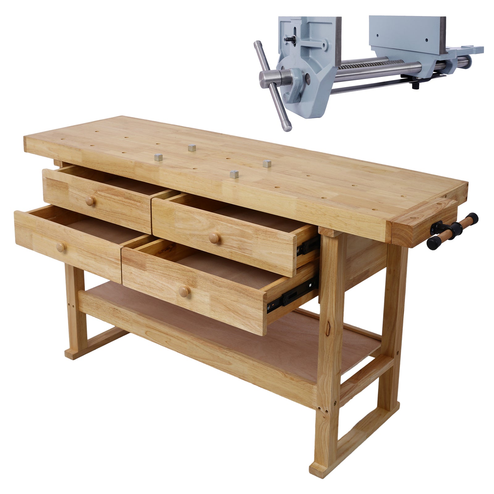 60in Workbench with 4 Drawers Wooden Workbench for Garage Workshop and Home, with Rapid Action Woodworking Vise 9 Inch Jaw Width Made with Heavy-Duty Cast Iron ,GRAY SolidRoot Buy Furniture USA