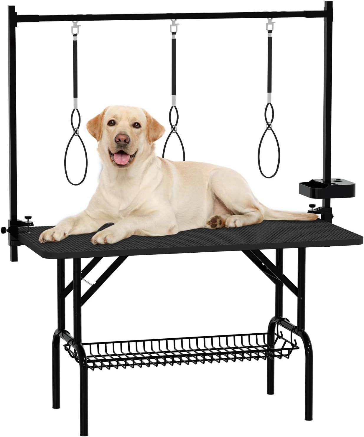 47''Large Dog Grooming Table, Foldable Pet Station at Home, Dog Grooming Table,Adjustable Cat Drying Desktop with Arms, Nooses, Mesh Tray (47Inch Pet Grooming Table Black) - SolidRoot Buy Furniture USA