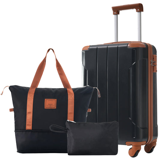 20 Inch Carry On Luggage Set 3 Piece with Spinner Wheels, Lightweight Hardshell ABS Suitcase for Weedend Getaways, Business Travel, Black Brown