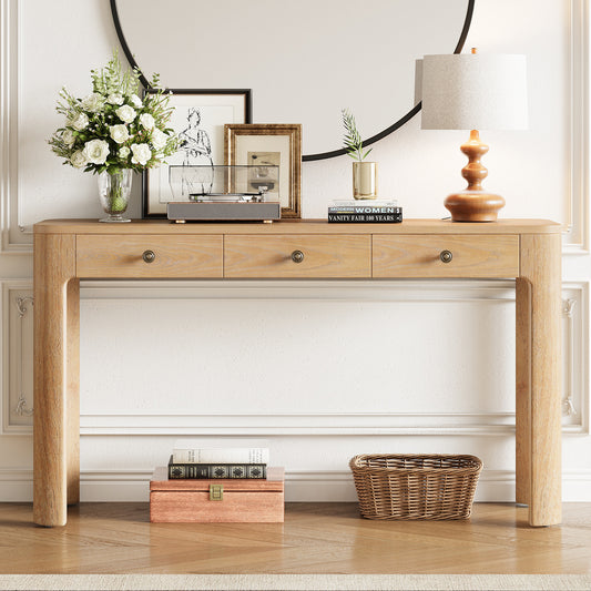 TREXM Rustic Console Table with Curved Corners for Safety, Entryway Table with 3 Concealed Drawers, Sturdy Sofa Table with Thick Legs for Hallway & Living Room (Light Oak) SolidRoot Buy Furniture USA