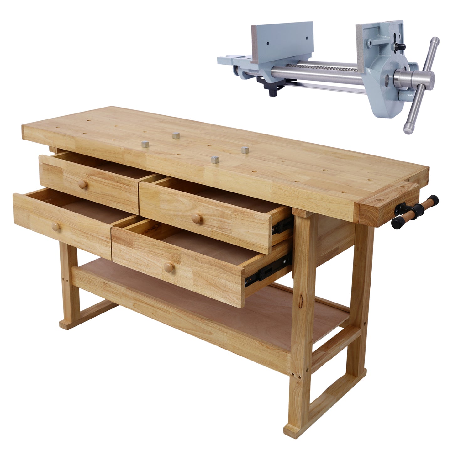 60in Workbench with 4 Drawers Wooden Workbench for Garage Workshop and Home, with Rapid Action Woodworking Vise  7 Inch Jaw Width Made with Heavy-Duty Cast Iron ,GRAY SolidRoot Buy Furniture USA