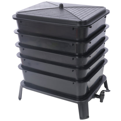 Eco-Friendly 5-Layer Worm Compost Bin with 50L Capacity, Easy Setup Black Plastic Worm Farm Kit SolidRoot Buy Furniture USA