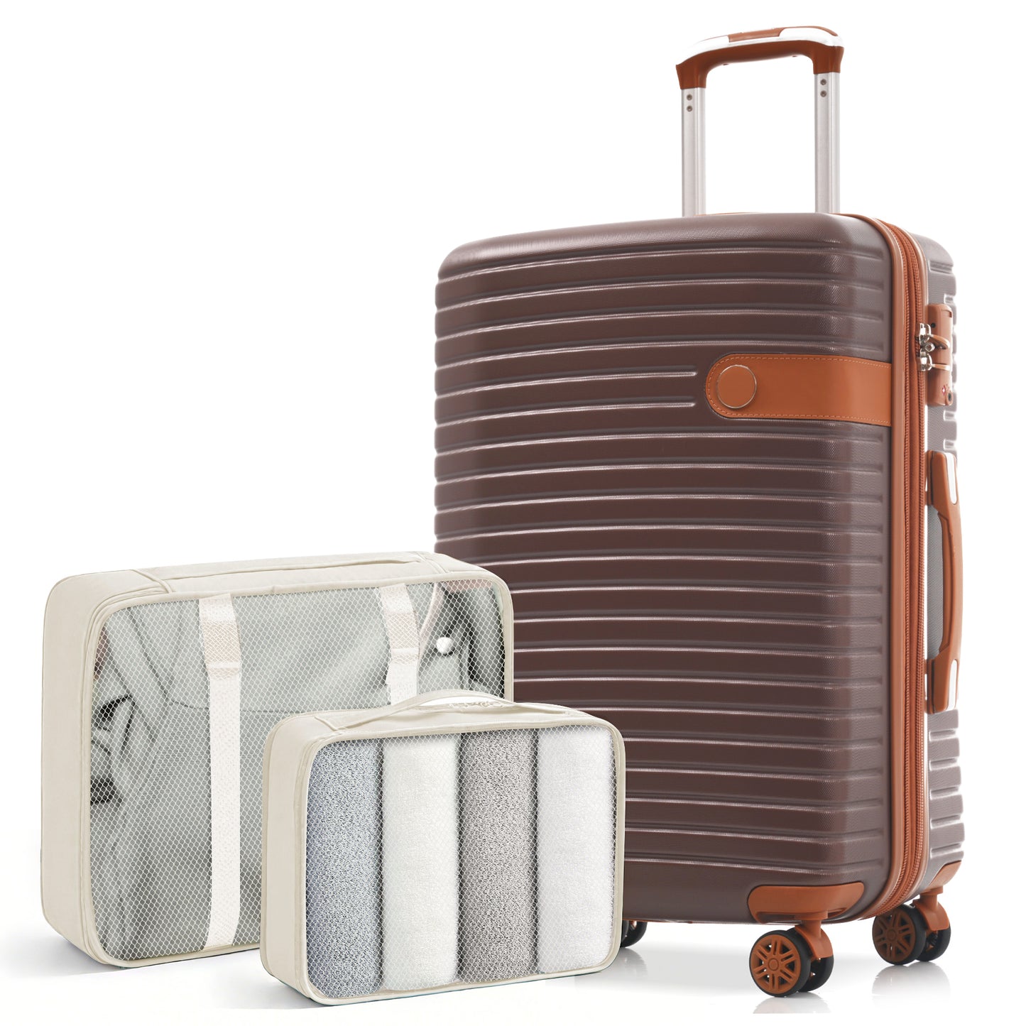 24-Inch Hardshell ABS Luggage, Lightweight Expandable Checked Suitcase with Spinner Wheels, TSA Lock, 2 Packing Cubes (Brown) SolidRoot Buy Furniture USA