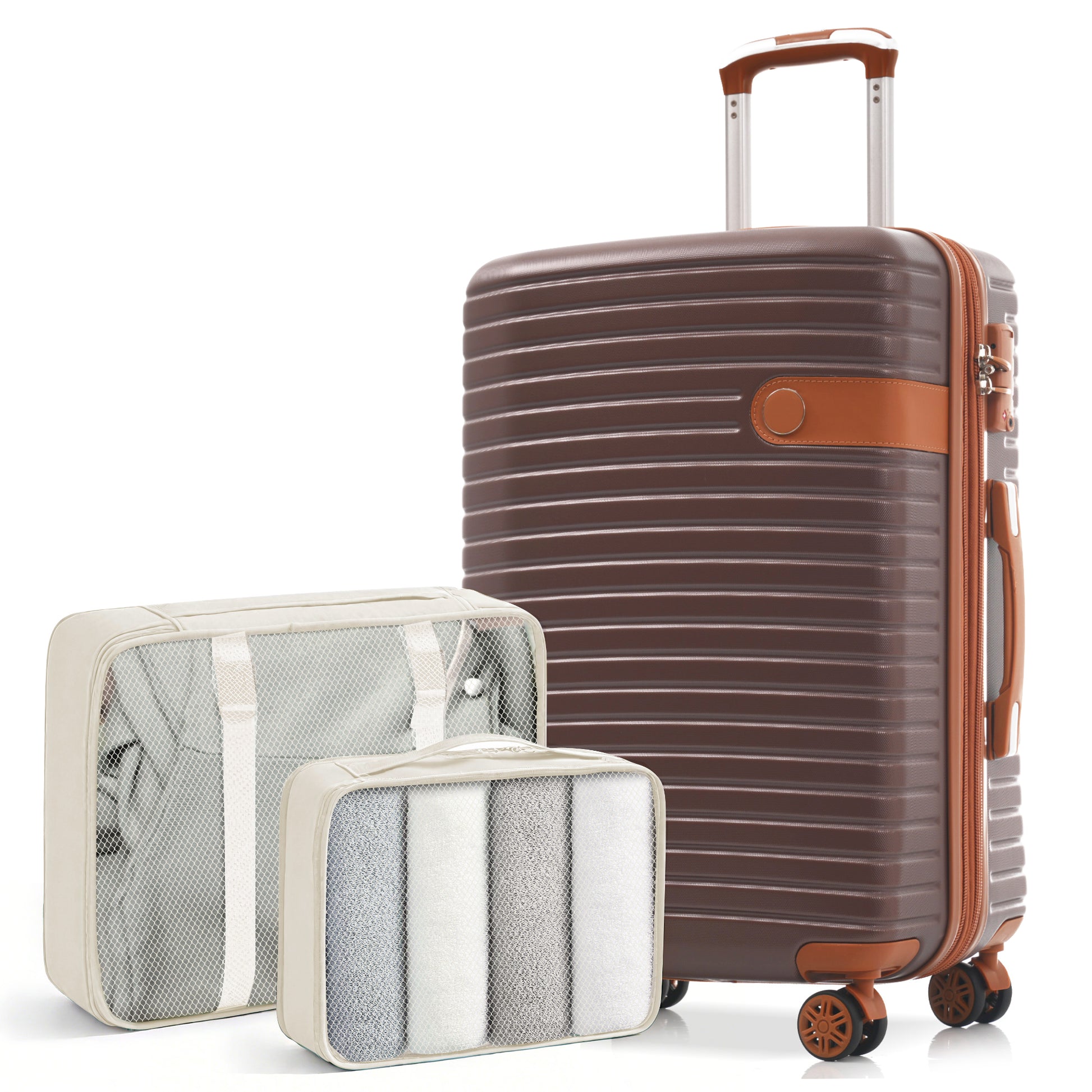 24-Inch Hardshell ABS Luggage, Lightweight Expandable Checked Suitcase with Spinner Wheels, TSA Lock, 2 Packing Cubes (Brown) SolidRoot Buy Furniture USA