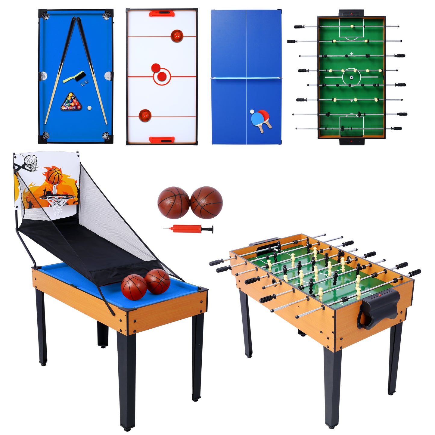 5-in-1 Multi-Game Table - Billiards, Push Hockey, Foosball, Ping Pong, and Basketball  brown /blue SolidRoot Buy Furniture USA