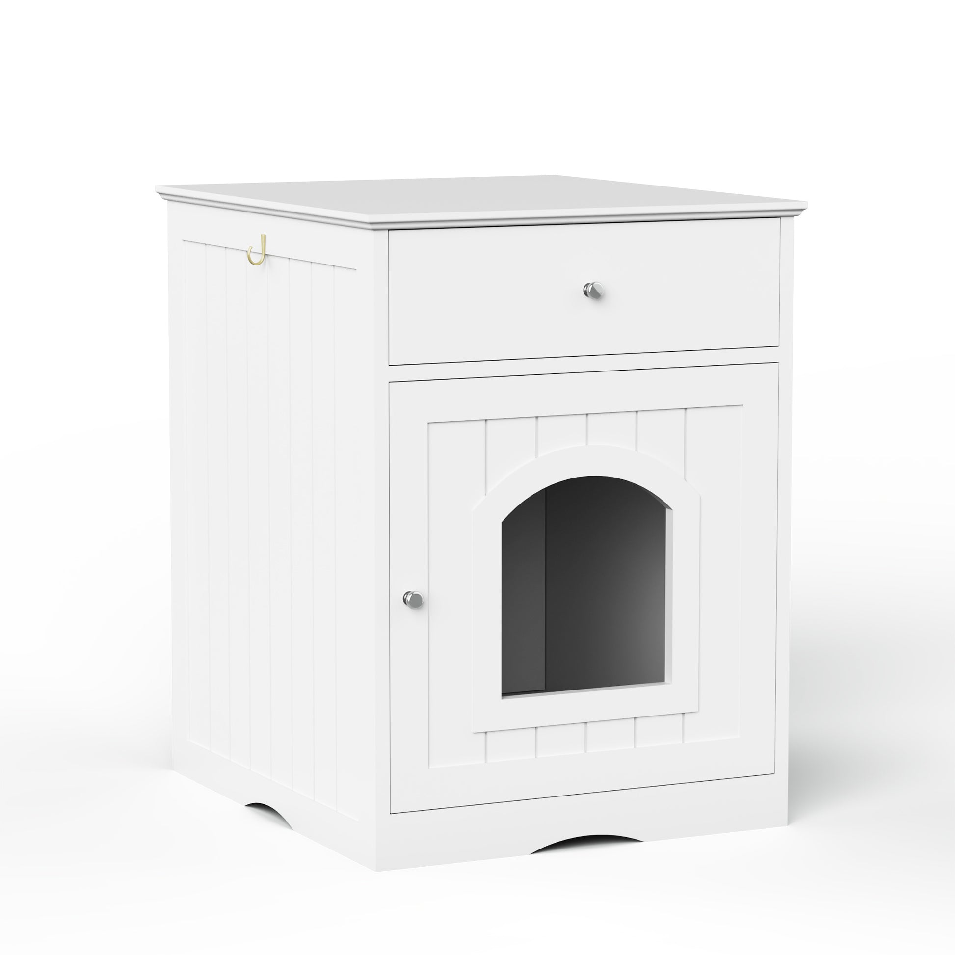 White Wooden Pet House Cat Litter Box Enclosure with Drawer and Side Table, Indoor Cat Home Nightstand for Small Cats, MDF Construction, 18.9'' W x 20.9'' D x 25'' H - SolidRoot Buy Furniture USA