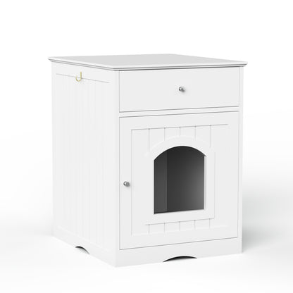 White Wooden Pet House Cat Litter Box Enclosure with Drawer and Side Table, Indoor Cat Home Nightstand for Small Cats, MDF Construction, 18.9'' W x 20.9'' D x 25'' H - SolidRoot Buy Furniture USA
