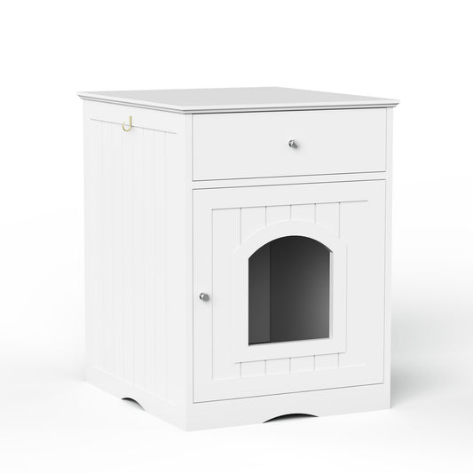 White Wooden Pet House Cat Litter Box Enclosure with Drawer and Side Table, Indoor Cat Home Nightstand for Small Cats, MDF Construction, 18.9'' W x 20.9'' D x 25'' H - SolidRoot Buy Furniture USA