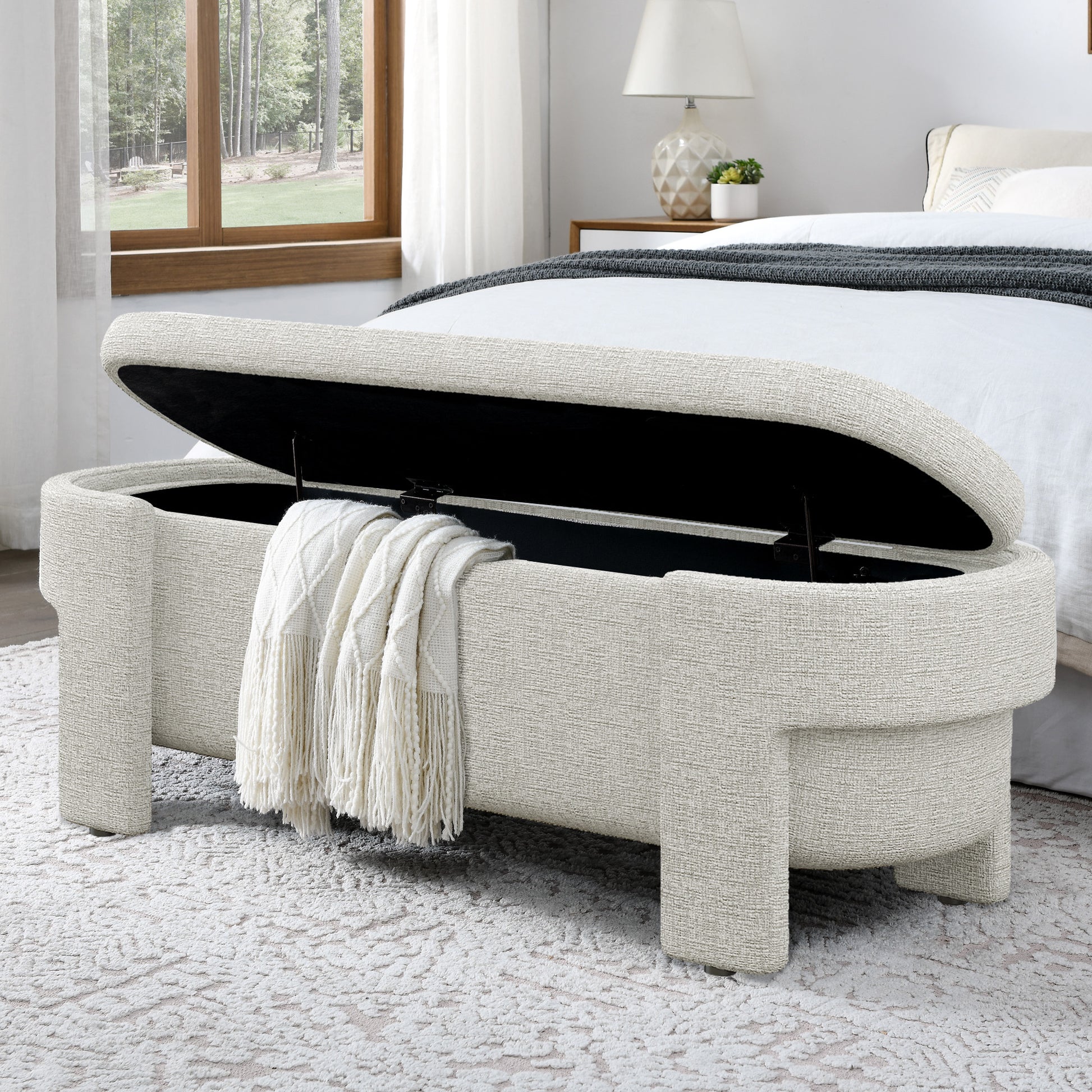 Linen Fabric Upholstered Bench with Large Storage Space for the Living Room, Entryway and Bedroom,Beige stripe ( 51.5''x20.5''x17'' ) SolidRoot Buy Furniture USA