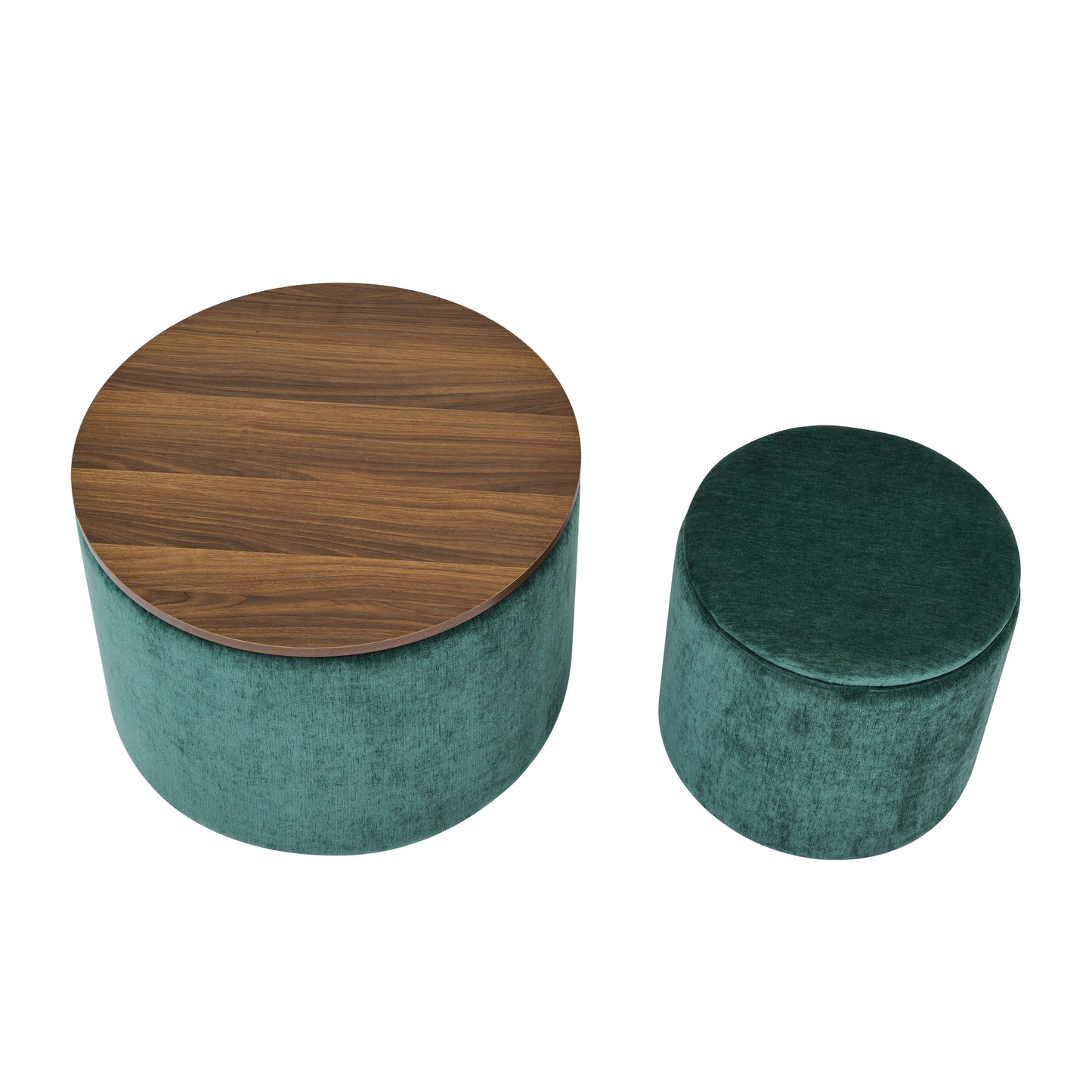 Classic Style 2-Piece Round Chenille Storage Ottoman Set with Drum Shaped Stool, MDF Desktop, Dark Green SolidRoot Buy Furniture USA