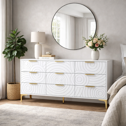 9 Drawer Dresser, Modern Wooden Dresser Chest of Drawers with Metal Handles, Large Storage TV Stand for Bedroom, Living Room, Hallway, Closet Organizer (White) SolidRoot Buy Furniture USA