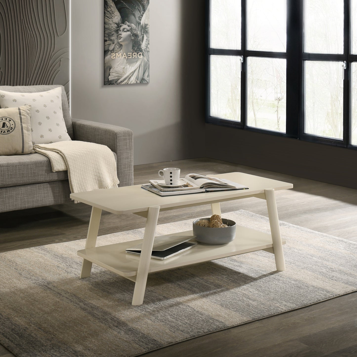 Metz Mid-Century Modern Wood Shelf Coffee Table, Off-White Finish SolidRoot Buy Furniture USA