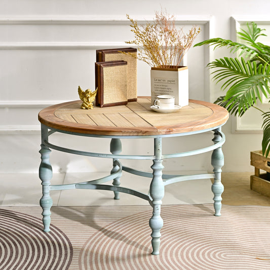 31.50' Accent Rustic Wooden Carved Coffee Table, Easy Assembly Round Wooden Top Metal Leg Round End Table For Living Room SolidRoot Buy Furniture USA
