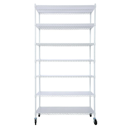 White 7-Tier Adjustable Pantry Shelving Unit with Wheels & Liners - 48' x 18' x 81.5', High Density Wire Storage Rack SolidRoot Buy Furniture USA