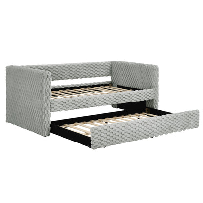 Modern Twin Size Daybed Upholstered Sofa Bed with Pull-Out Feature in Plaid Corduroy Fabric - Dark Grey SolidRoot Buy Furniture USA
