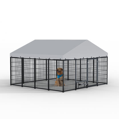 Large Dog Kennel Outdoor Pet Pens Dogs Run Enclosure Animal Hutch Metal Coop Fence with Roof Cover. 9.62'L x 9.35'W x 6.18'H. - SolidRoot Buy Furniture USA