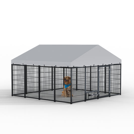 Large Dog Kennel Outdoor Pet Pens Dogs Run Enclosure Animal Hutch Metal Coop Fence with Roof Cover. 9.62'L x 9.35'W x 6.18'H. - SolidRoot Buy Furniture USA