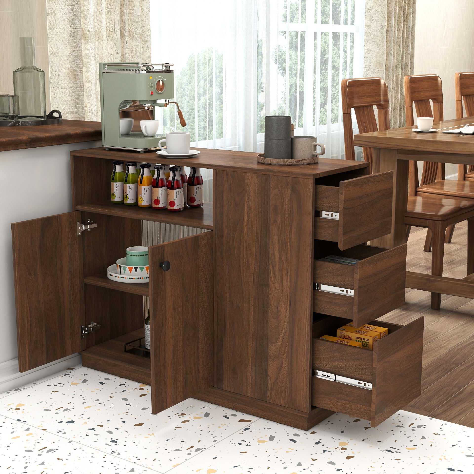 Kitchen Sideboard, Small  Countertop Organizer, Tabletop Cabinet with 2 Glass Sliding Door,3 Side Drawers & 1 small display shelves, Counter Cabinet for Kitchen, Living Room, Dinning Area SolidRoot Buy Furniture USA