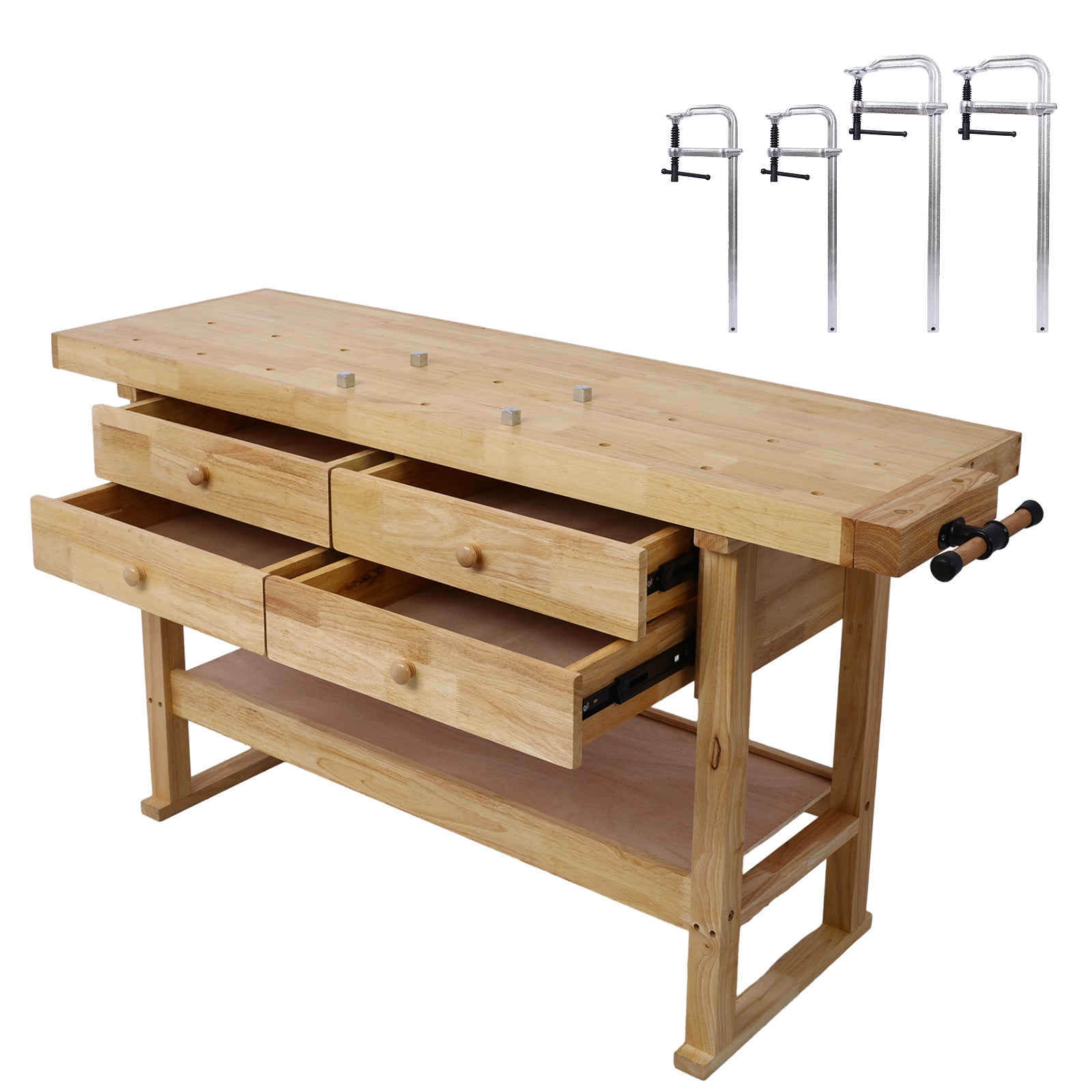 60in Workbench with 4 Drawers Wooden Workbench for Garage Workshop and Home, with Bar Clamps Set 2 pcs 12 inch x 3inch+ 2pcs 16inchx4-3/4' ,4pcs pack SolidRoot Buy Furniture USA