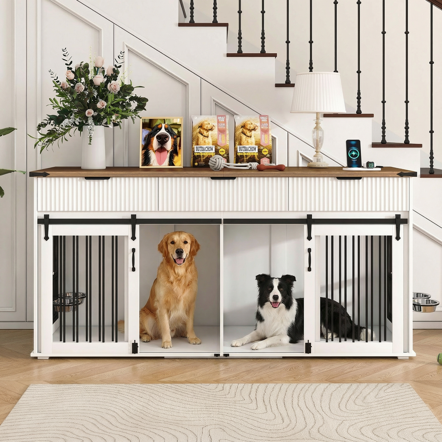 71'' Furniture Style Double Dog Crate  with 3 Fluted Drawers and Waterproof Walnut Woodgrain Tabletop,Large Dog Kennel Furniture with Type-C Power Outlet & Rotating Feeders for Heavy Duty Dogs(White) - SolidRoot Buy Furniture USA