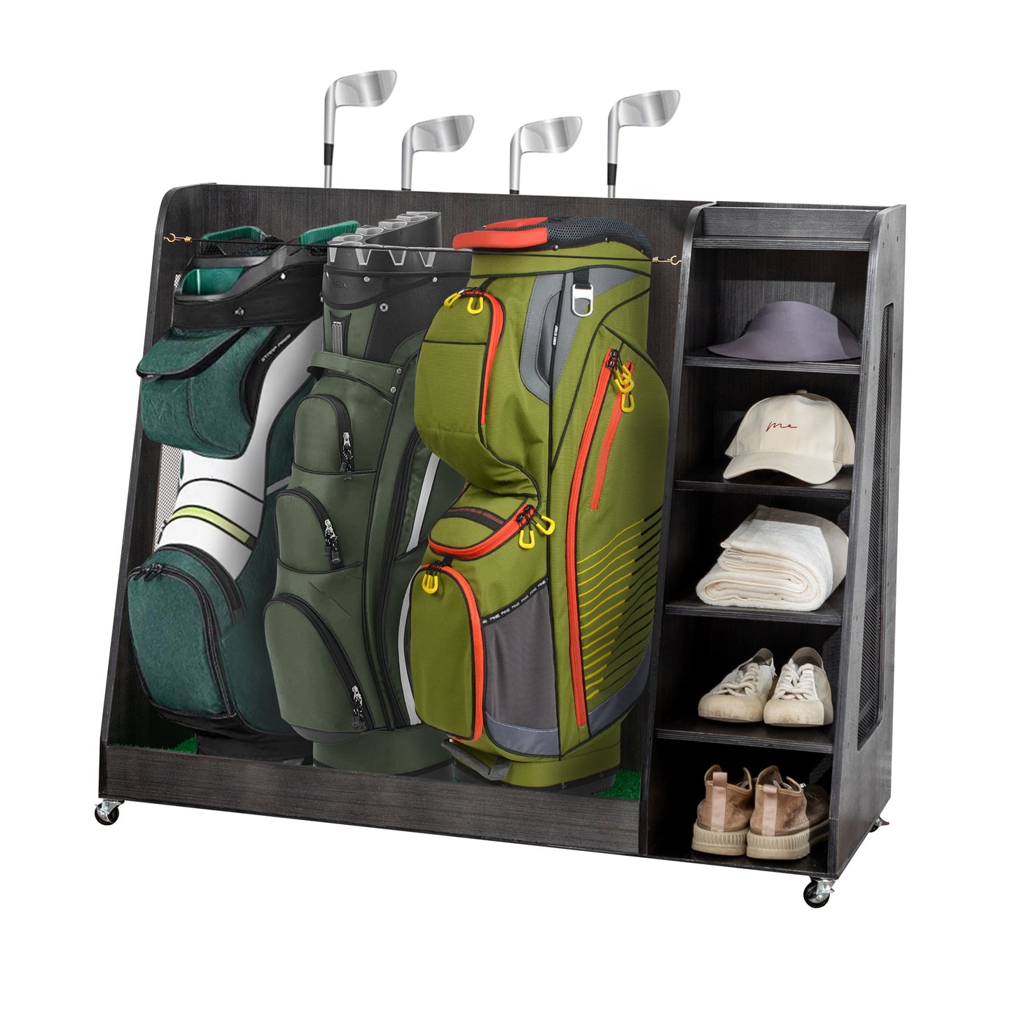 Gray Wooden Golf Bag Storage Rack with 3 Drawers, Holds 2 Stand Bags & 14+ Clubs, Organizer for Golf Balls, Shoes & Accessories, Heavy Duty for Garage, Indoor Outdoor Use, Easy Assembly - SolidRoot Buy Furniture USA