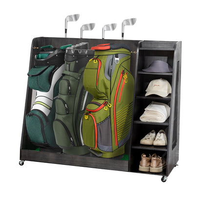 Gray Wooden Golf Bag Storage Rack with 3 Drawers, Holds 2 Stand Bags & 14+ Clubs, Organizer for Golf Balls, Shoes & Accessories, Heavy Duty for Garage, Indoor Outdoor Use, Easy Assembly - SolidRoot Buy Furniture USA