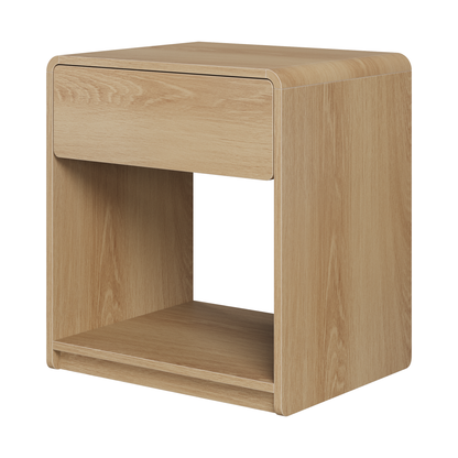 Mid-century modern bedside table set, 2 pieces, oak color, with storage drawers and open shelves, compact side table with rounded corners, made of particle board SolidRoot Buy Furniture USA