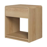Mid-century modern bedside table set, 2 pieces, oak color, with storage drawers and open shelves, compact side table with rounded corners, made of particle board SolidRoot Buy Furniture USA