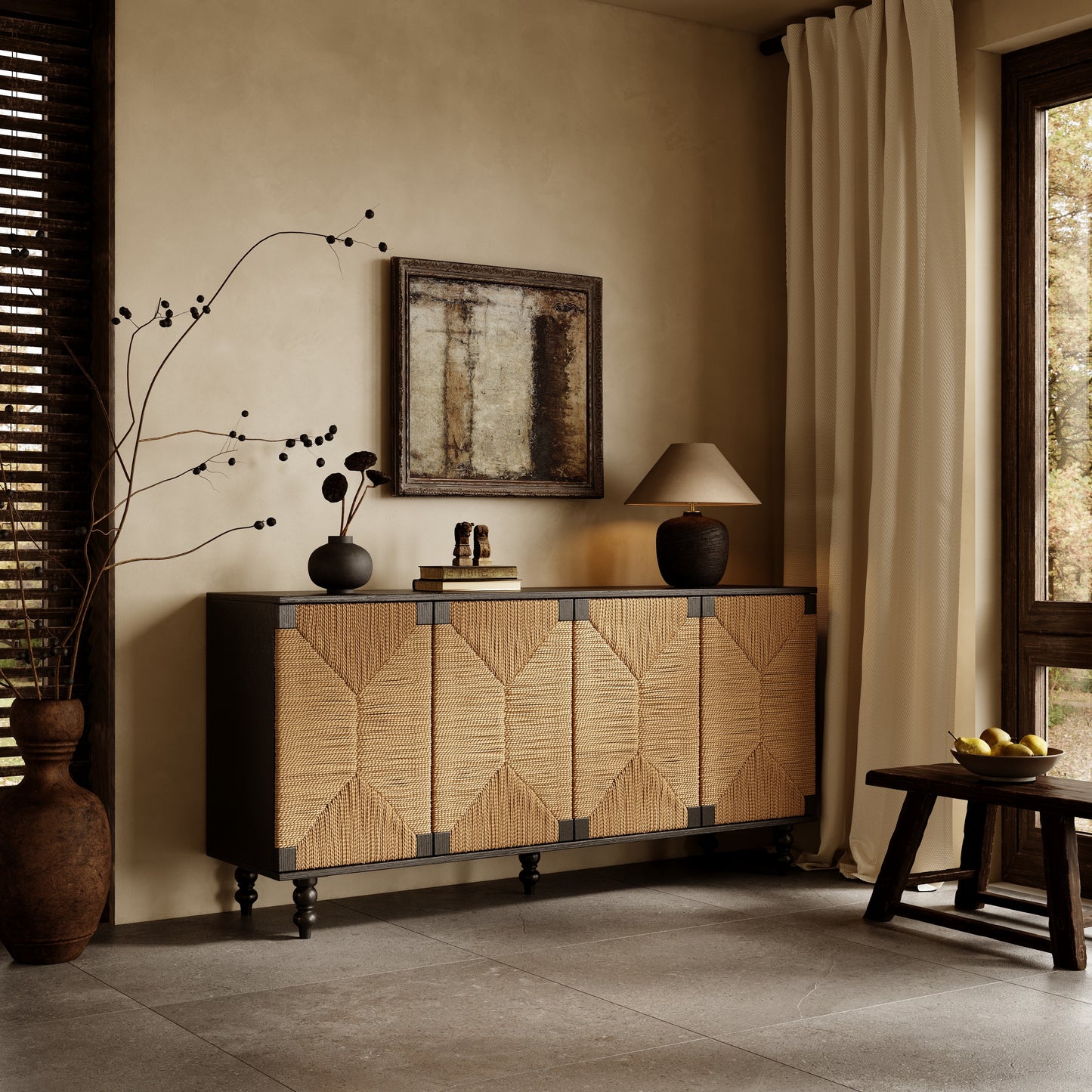 Accent Natural Sideboard Buffet Cabinet Storage Wood TV Stand in Wire-Brushed and Seagrass Doors Sideboard, for Hallway, Entryway or Dining Room - SolidRoot Buy Furniture USA