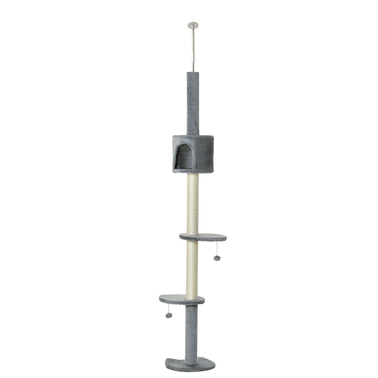 PawHut 85.5' Cat Tree Height Adjustable Floor-to-Ceiling 4-Tier Kitty Climbing Activity Center Condo Cat Toy with Scratching Post Hanging Balls Play Rest Post Pet Furniture Grey