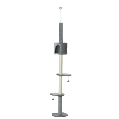 PawHut 85.5' Cat Tree Height Adjustable Floor-to-Ceiling 4-Tier Kitty Climbing Activity Center Condo Cat Toy with Scratching Post Hanging Balls Play Rest Post Pet Furniture Grey
