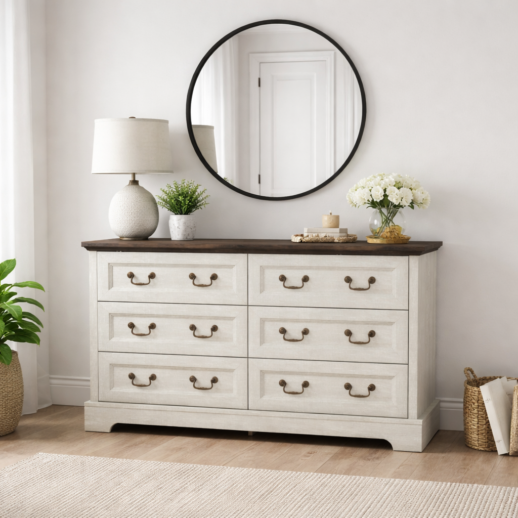 Farmhouse 6-Drawer Dresser, Rustic Wooden Chest of Drawers with Metal Handles, Wide Storage Dresser TV Stand for Bedroom, Living Room, Hallway, Dining Room (Grey) SolidRoot Buy Furniture USA