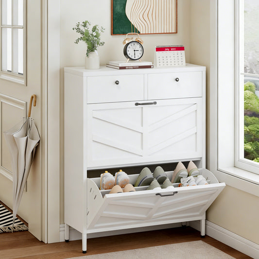 Shoe Cabinet with 2 Flip Drawers and 2 Drawers, Slim Metal Entryway Storage Cabinet, Freestanding 31.5'W x 40.75'H White Organizer with Anti-Tip Device - SolidRoot Buy Furniture USA