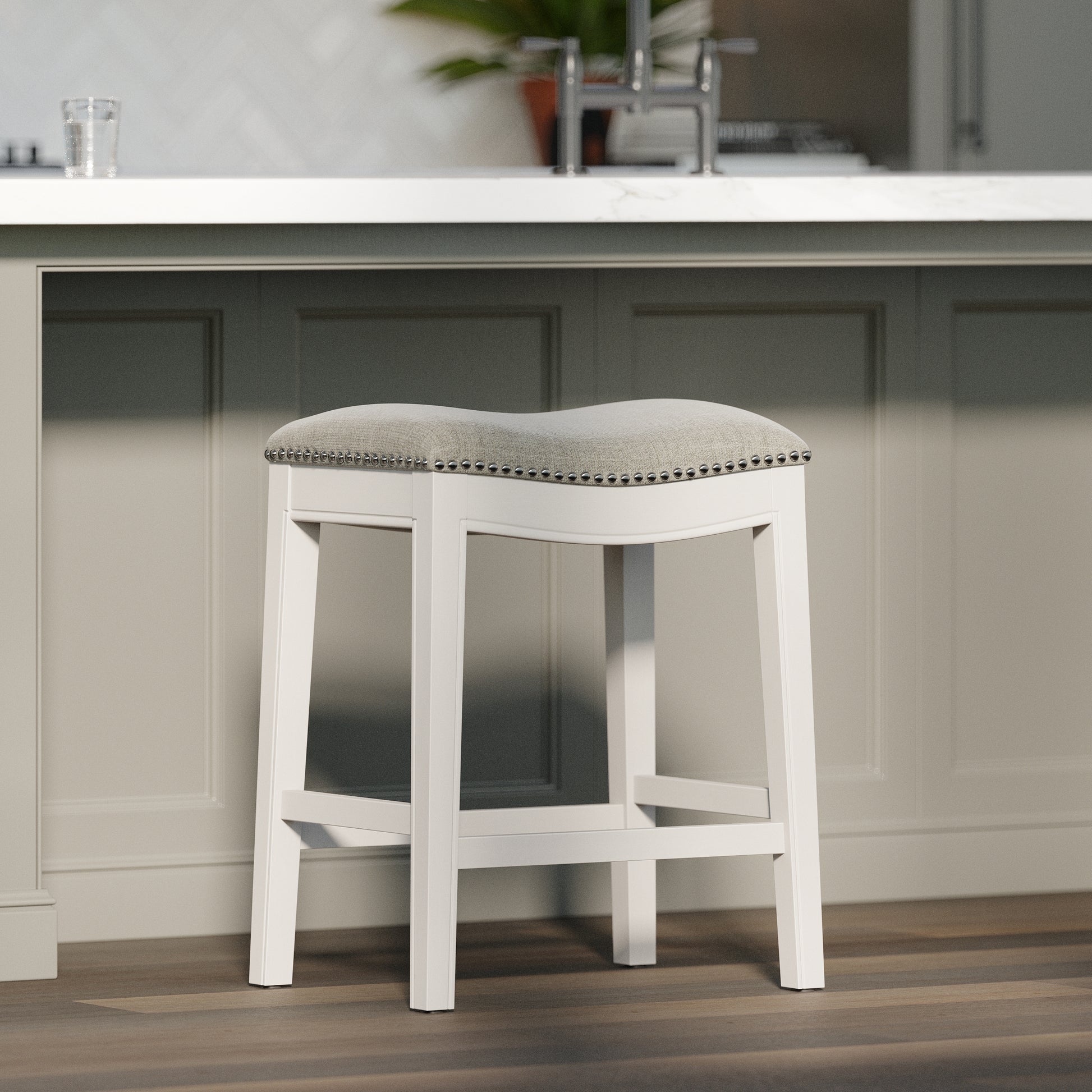 Zoey 26in. Counter-Height Backless Wood Saddle-Seat Barstool with Nailhead Trim, Farmhouse Whitewash with Gray Upholstered Seat SolidRoot Buy Furniture USA