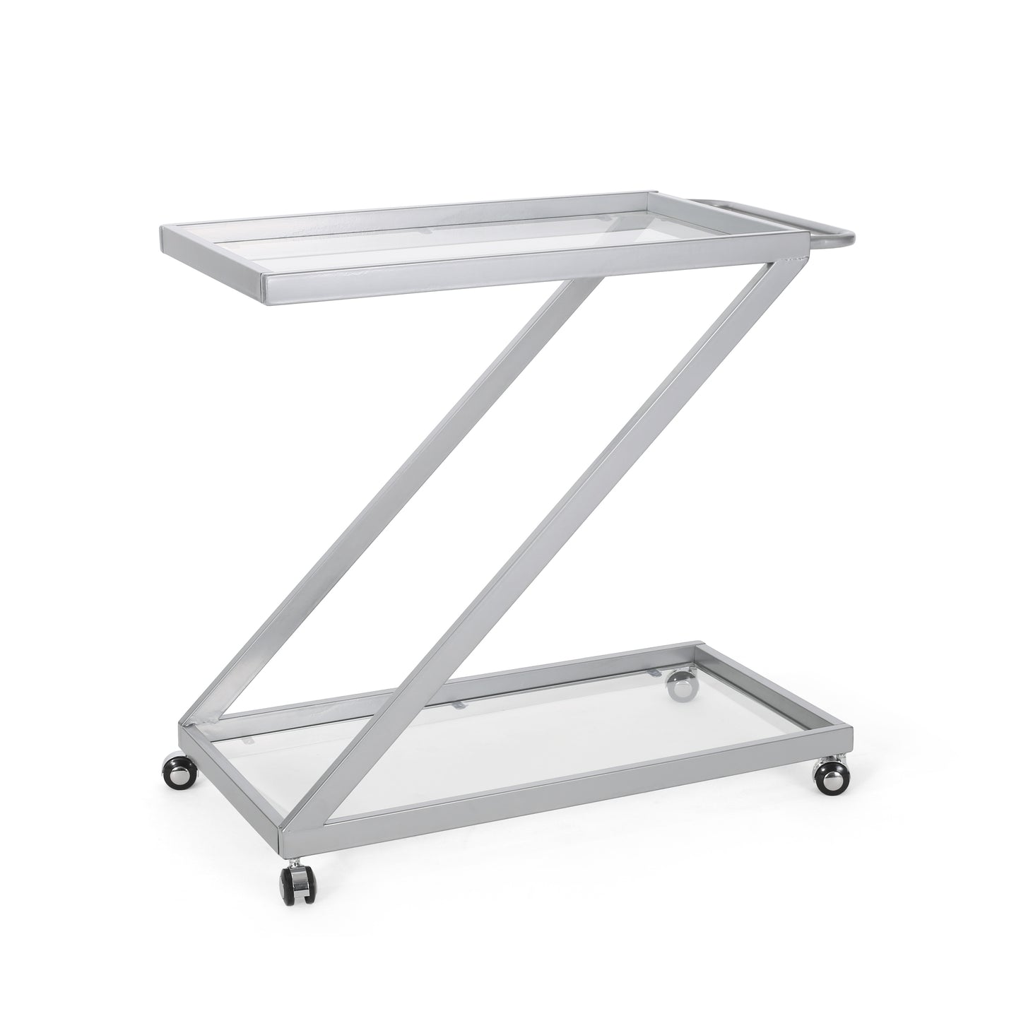 Modern Z-Shaped Bar Cart with Tempered Glass Shelves in Silver Glass+Metal SolidRoot Buy Furniture USA