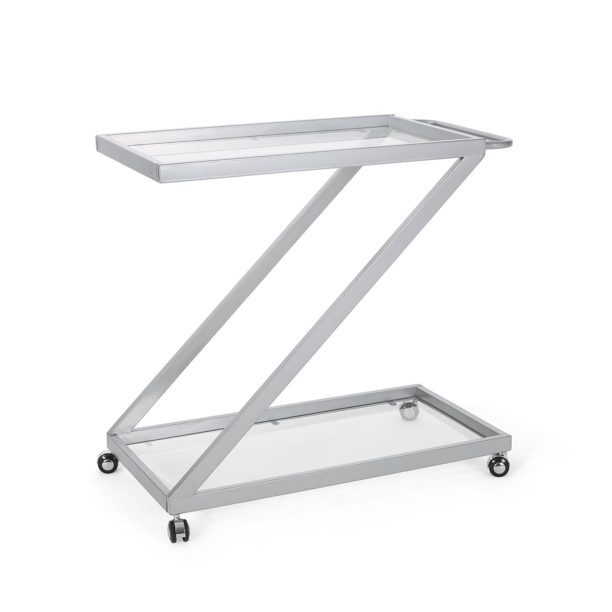 Modern Z-Shaped Bar Cart with Tempered Glass Shelves in Silver Glass+Metal SolidRoot Buy Furniture USA