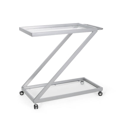 Modern Z-Shaped Bar Cart with Tempered Glass Shelves in Silver Glass+Metal SolidRoot Buy Furniture USA