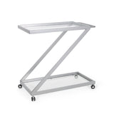 Modern Z-Shaped Bar Cart with Tempered Glass Shelves in Silver Glass+Metal SolidRoot Buy Furniture USA