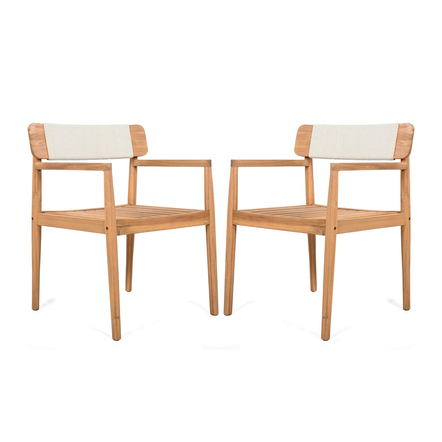 Creative Braided Acacia Wood Outdoor Dining Table and Chairs with Armrests, Teak Look & White Rope, Set of 2 SolidRoot Buy Furniture USA