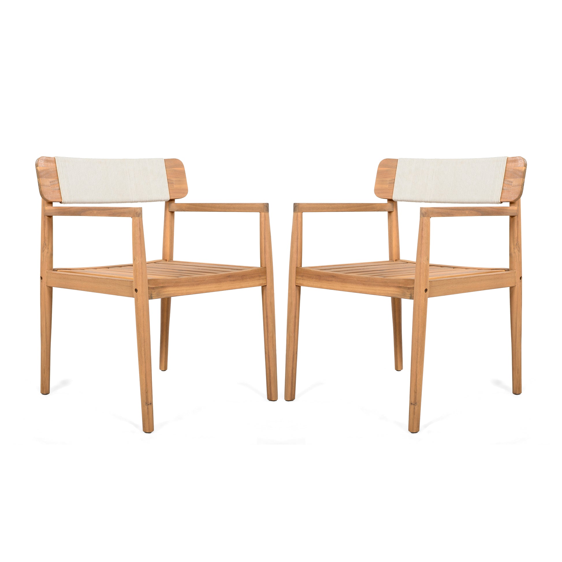 Creative Braided Acacia Wood Outdoor Dining Table and Chairs with Armrests, Teak Look & White Rope, Set of 2 SolidRoot Buy Furniture USA