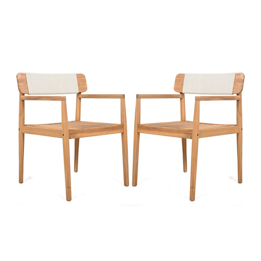Creative Braided Acacia Wood Outdoor Dining Table and Chairs with Armrests, Teak Look & White Rope, Set of 2 SolidRoot Buy Furniture USA
