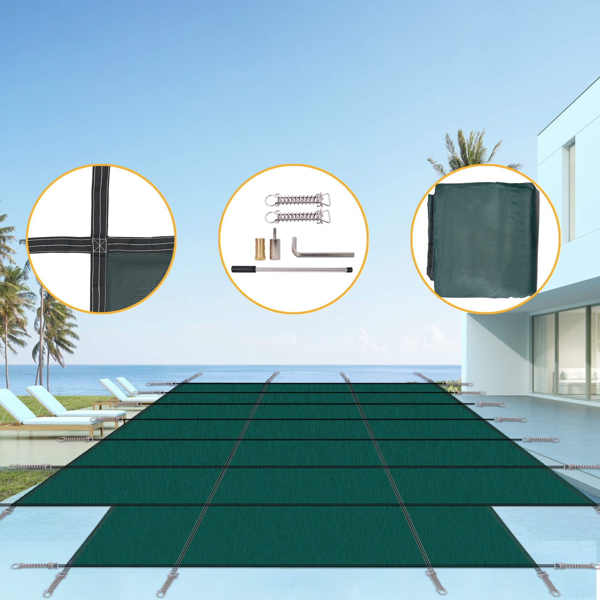 High-Strength Mesh PP Pool Safety Cover with Installation Hardware, Green, 16x32ft with 4x8ft End Step SolidRoot Buy Furniture USA