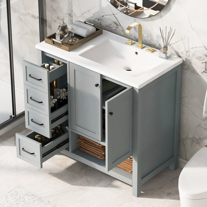 36' Bathroom Vanity with Sink Top, Bathroom Vanity Cabinet with Two Doors and Two Drawers, Solid Wood, Open shelf, MDF Boards, One Package, Grey(Old SKU:N725P245278E) SolidRoot Buy Furniture USA