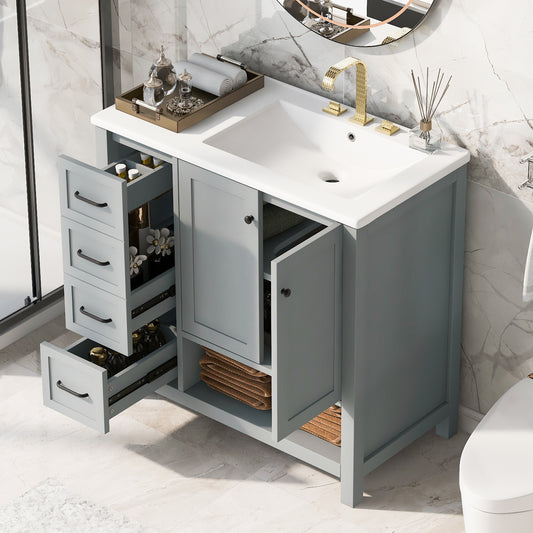 36' Bathroom Vanity with Sink Top, Bathroom Vanity Cabinet with Two Doors and Two Drawers, Solid Wood, Open shelf, MDF Boards, One Package, Grey(Old SKU:N725P245278E) SolidRoot Buy Furniture USA