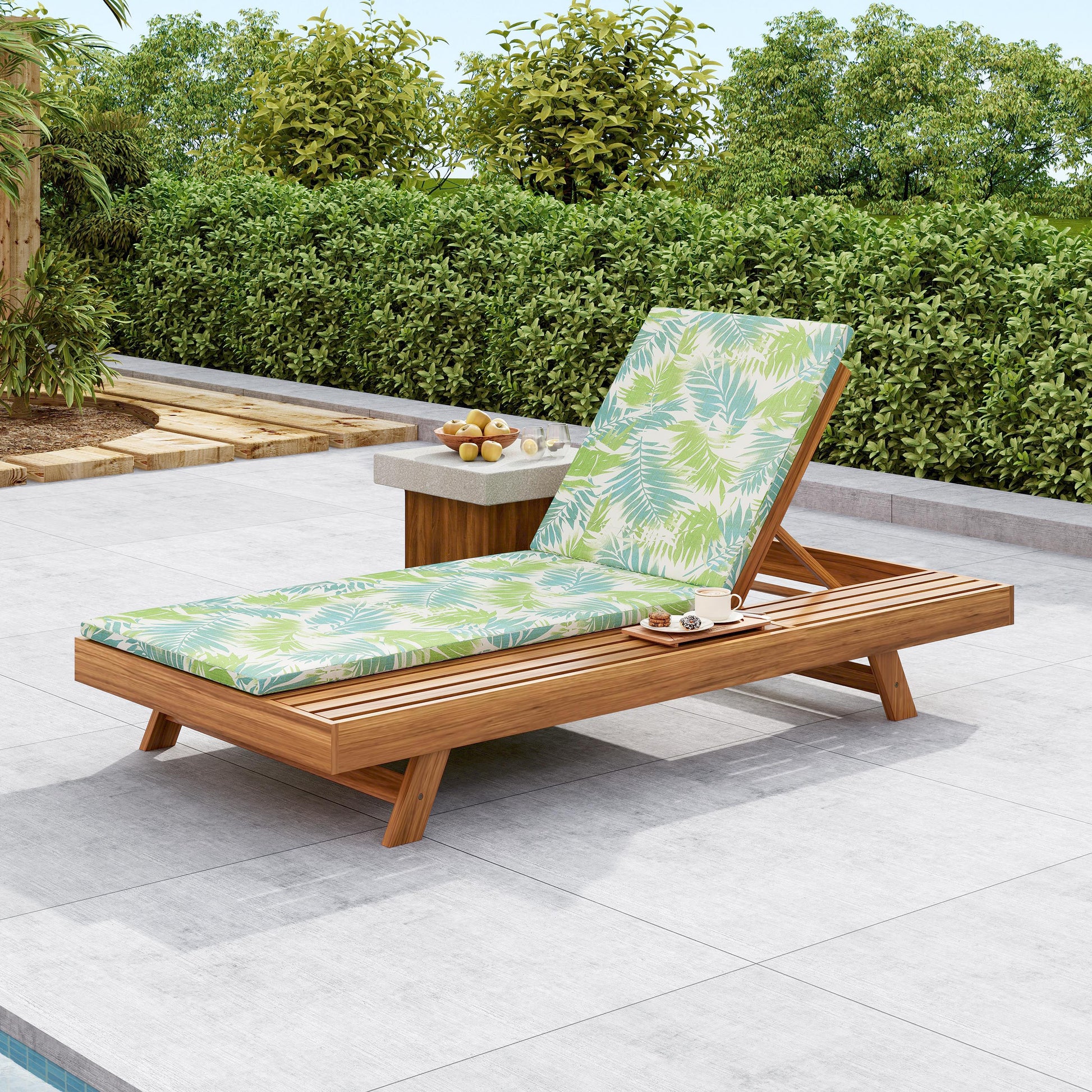 LOUNGE CHAISE SET, SPACE AVAILABLE ON ONE SIDE,ACACIA WOOD WITH WATER-RESISTANT LOUNGE CUSHIONS (LEAF COCONUT & 2 INCH THICK) - MATCHING CREAM/Dark Grey  VERSION AVAILABLE SolidRoot Buy Furniture USA