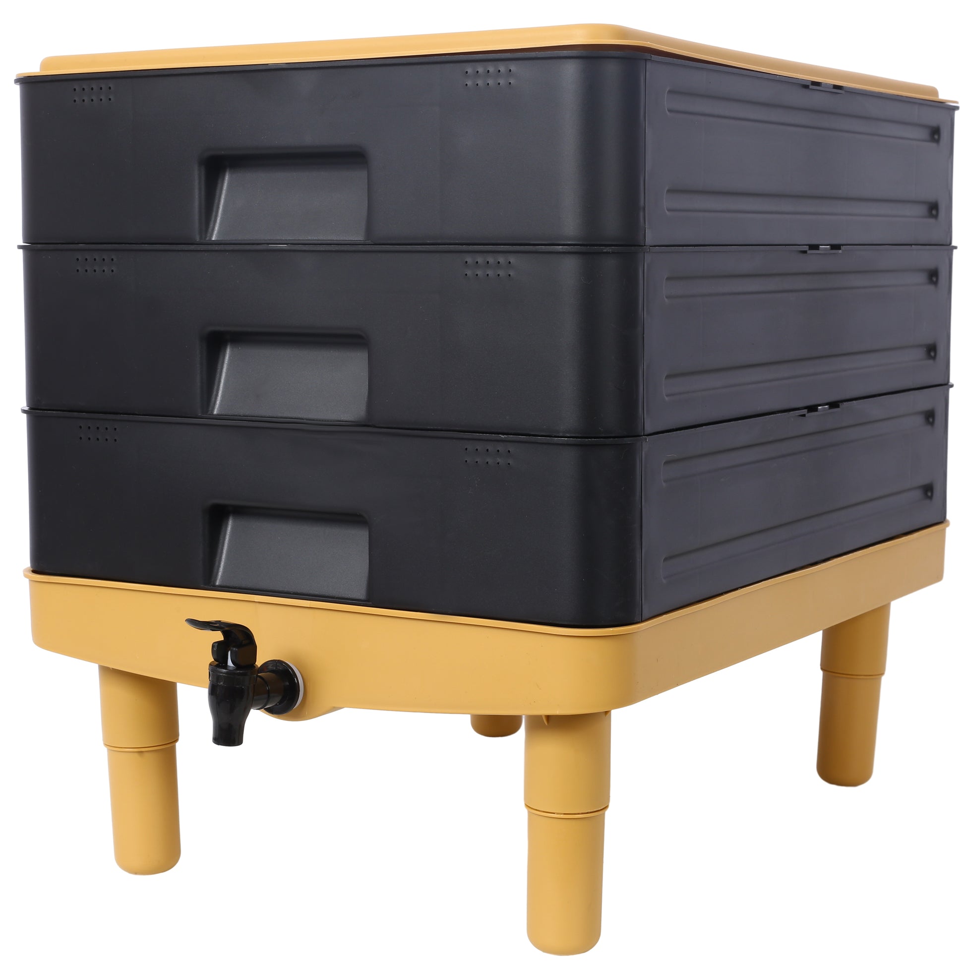 Durable 3-Tray Worm Farm Kit for Efficient Vermicomposting - Yellow & Black Plastic, 65L Capacity SolidRoot Buy Furniture USA