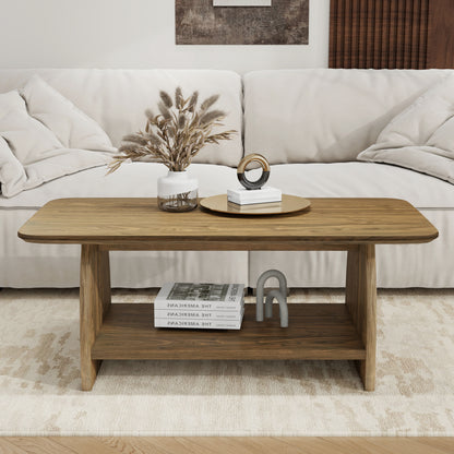 47 inch modern living room coffee table, double-layer rectangular coffee table with storage function, rounded corner design, MDF material, suitable for living room SolidRoot Buy Furniture USA
