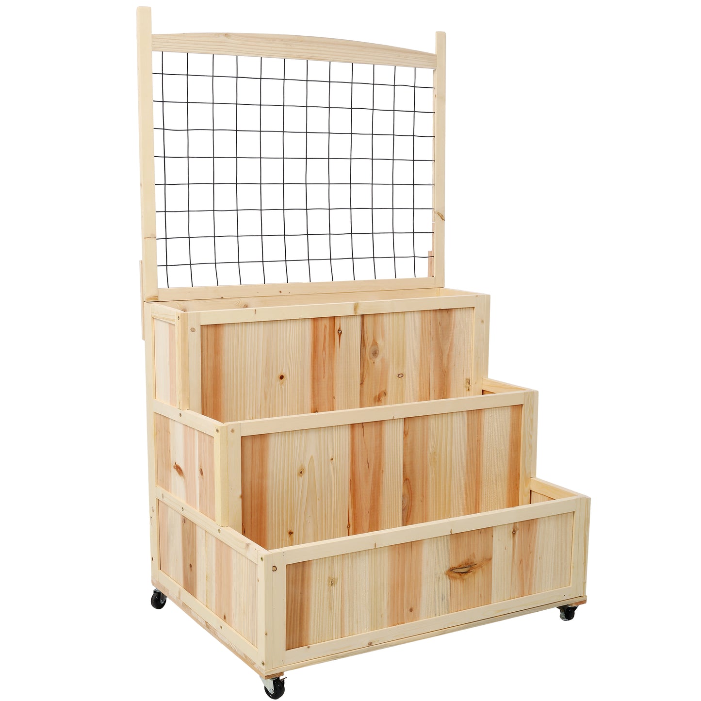 3-Tiers Raised Garden Bed with Trellis, 53' H Vertical Planter Box with Wheels & Back Storage Area, for Flowers, Vegetables, Herbs, Natural SolidRoot Buy Furniture USA
